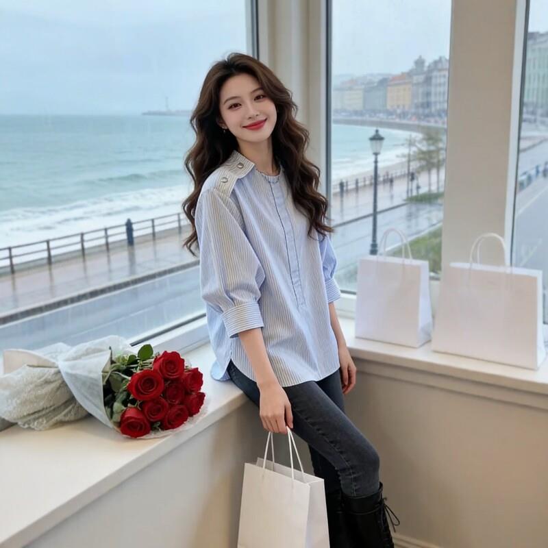 极速大码女装韩系减龄条纹七分袖衬衫2026早秋胖mm显瘦巨好看小衫