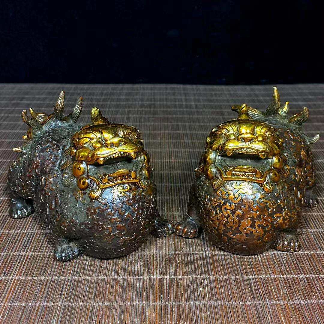古董古玩仿古铜 鎏金貔貅一对 复古摆件旧货乡下收藏老物件