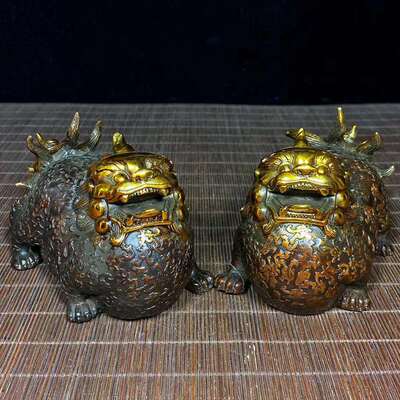 古董古玩仿古铜鎏金貔貅一对复古摆件旧货乡下收藏老物件