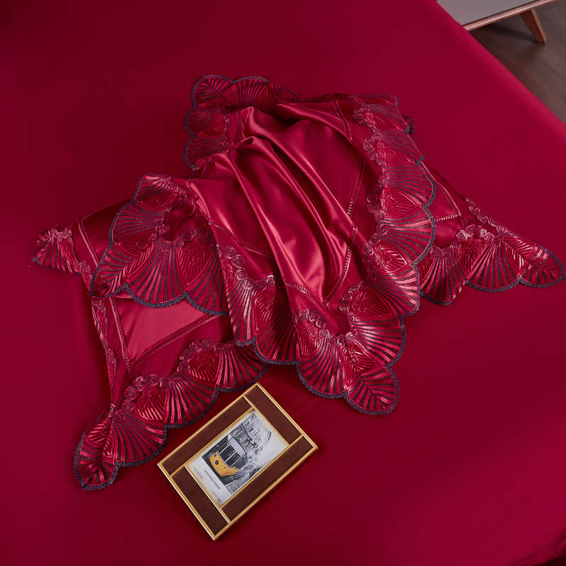 高端婚庆140支真丝棉四件套奢华结婚礼喜庆蕾丝刺绣被套4床上用品