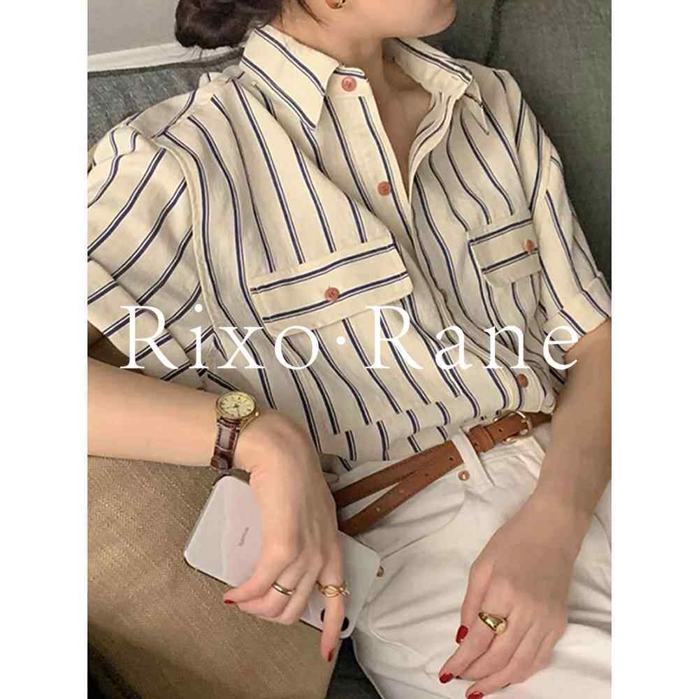 法国Rixo Rane 私藏挚爱⭐法式条纹天丝正肩短袖衬衫女Polo领上衣