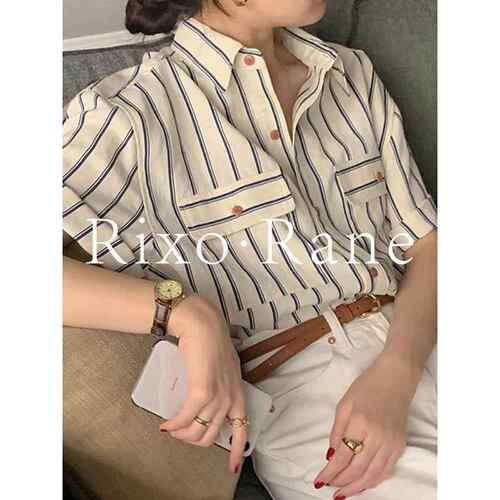 法国Rixo Rane 私藏挚爱⭐法式条纹天丝正肩短袖衬衫女Polo领上衣