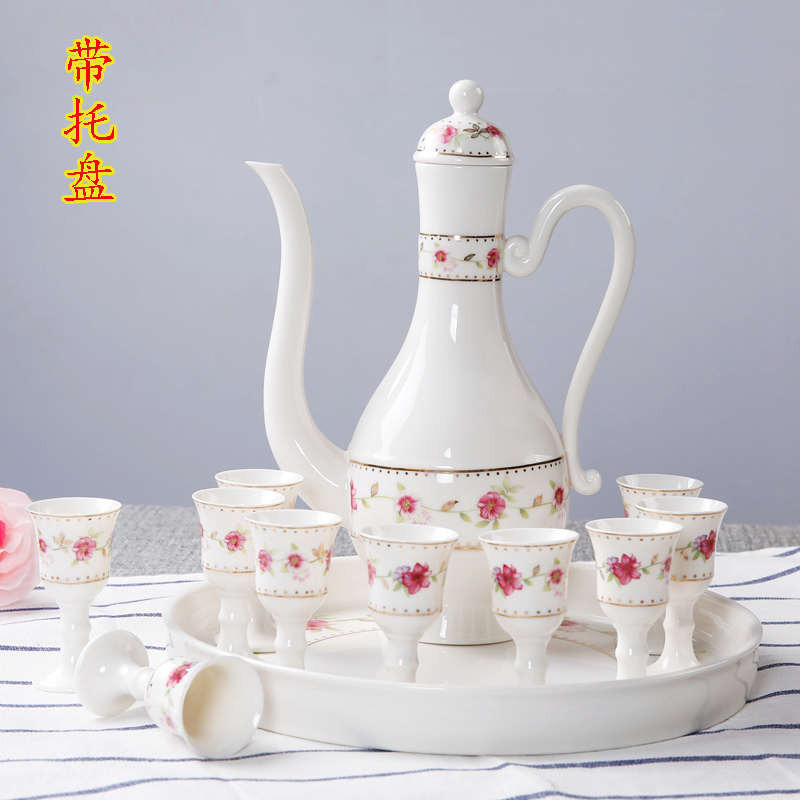 陶瓷酒具套装带托盘酒壶酒杯整套分酒器白酒高脚杯烈酒杯清酒礼品