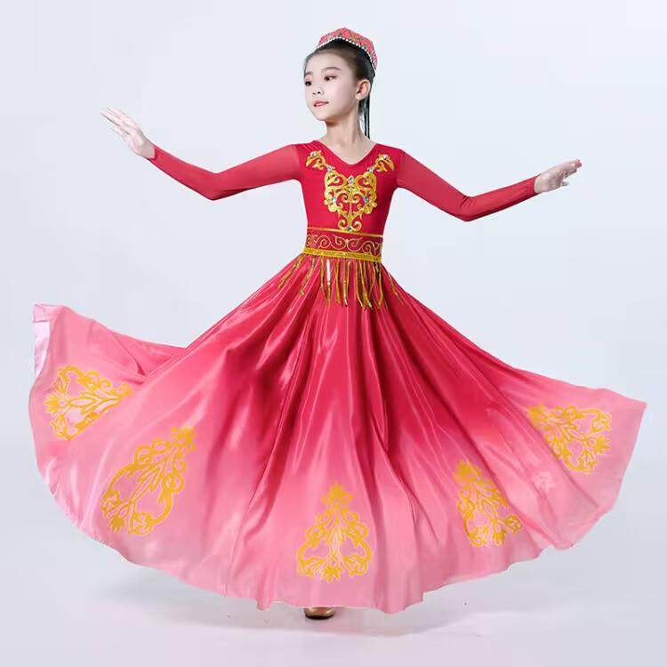高档新疆蹈演出裙服维吾族大摆裙舞新款成人连档衣裙高子舞蹈服艺