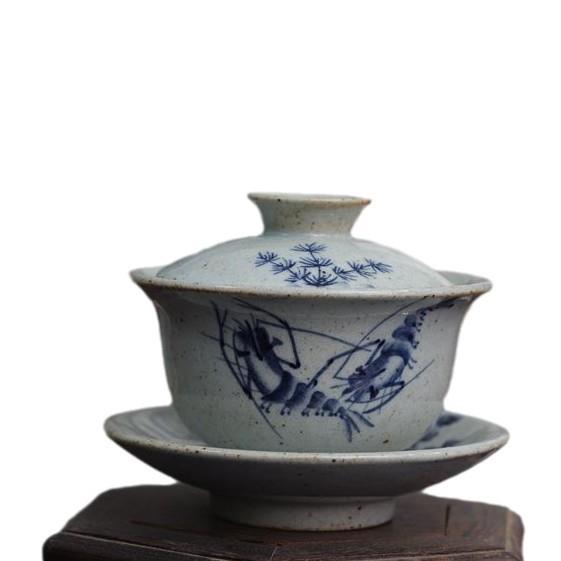 手绘盖碗粗陶压手三才杯盖杯泡茶器功夫茶具对虾仿古茶碗