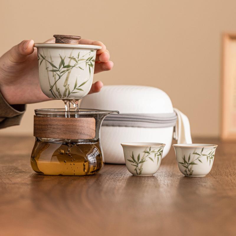 手绘翠绿文竹快客杯一壶两杯户外旅行茶具便携式露营泡茶套装小套