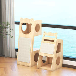 萌助2024猫屋猫房子半封闭猫咪窝四季通用实木猫窝猫抓板一体批发