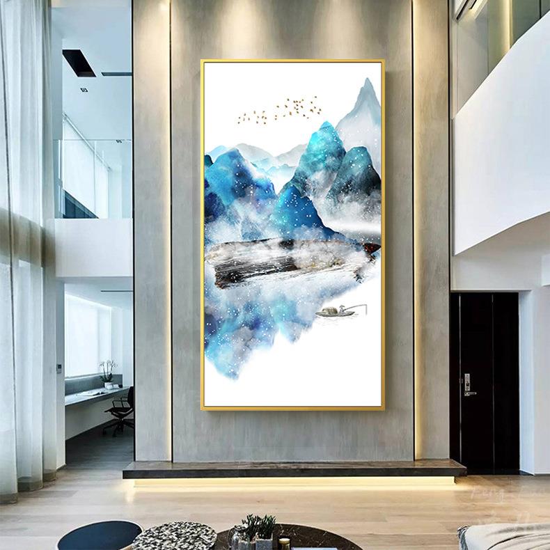 入户玄关装饰画走廊竖版招财风水壁画新中式山水画办公室客厅挂画