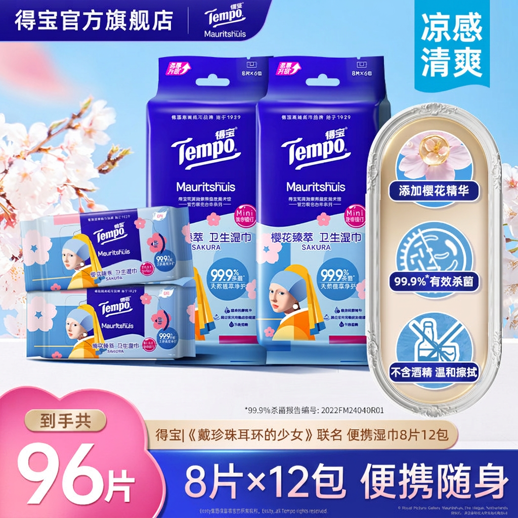 Tempo得宝凉感湿巾便携迷你湿纸巾樱花卫生湿巾8片12包小包湿