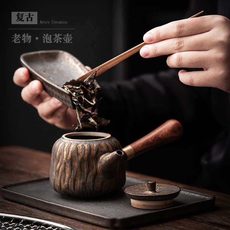 滤泡壶鎏金把简约陶壶木柄小号手把壶创意茶壶复古家用侧茶壶带过