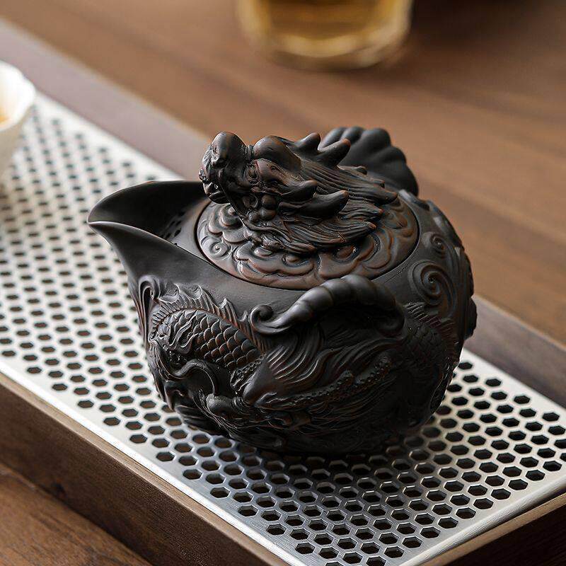 采购产品紫砂雕刻祥龙手握壶,一壶,两杯功夫茶具,覆古旅行茶具