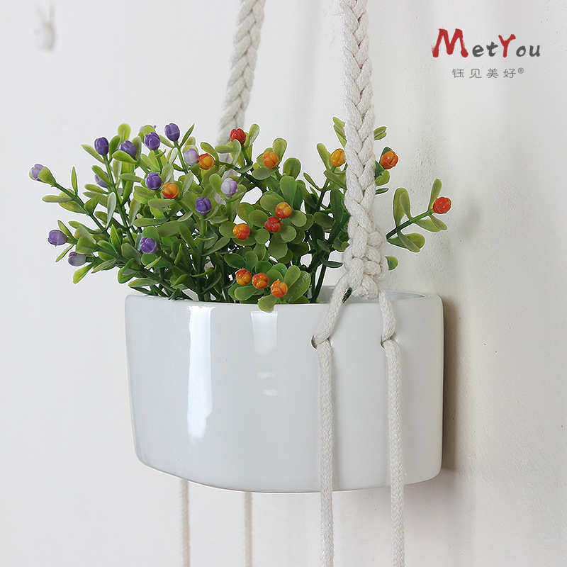 现代白色陶瓷皮绳棉绳悬挂壁挂长方形花盆室内装饰植物架多肉盆栽,鲜花速递/花卉仿真/绿植园艺,花盆,淘宝优惠券,粉丝福利购,淘宝优惠卷