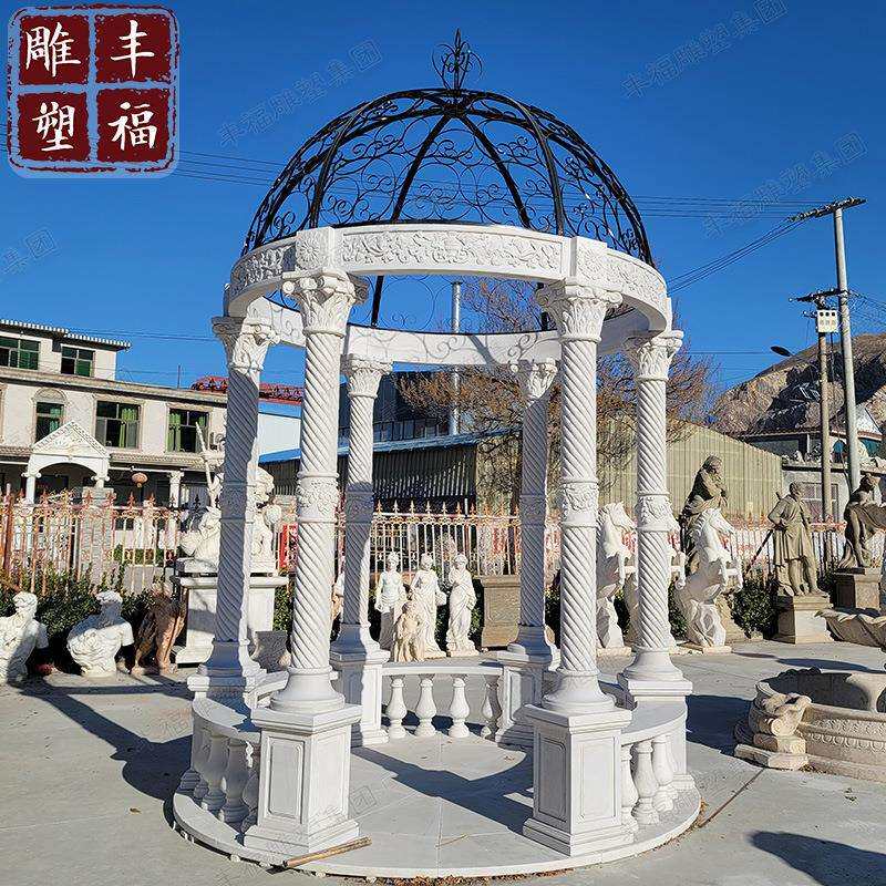 石雕汉白玉欧式凉亭圆顶铁艺帽罗马柱户外小区庭院休闲石亭子雕塑