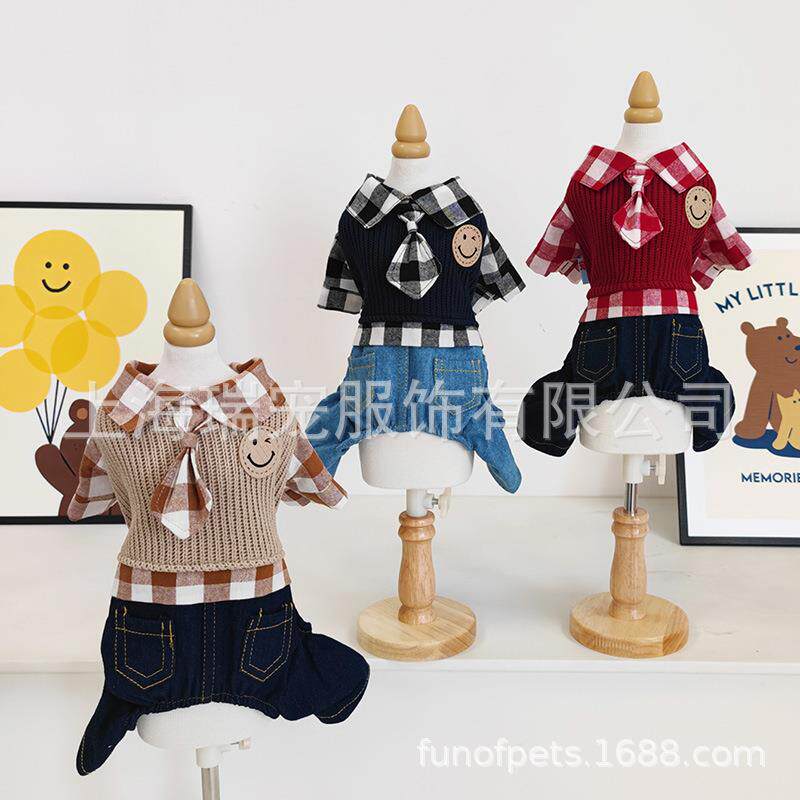 CQ886笑脸格子领带秋款套装【可爱超萌宠物服装狗狗衣服】