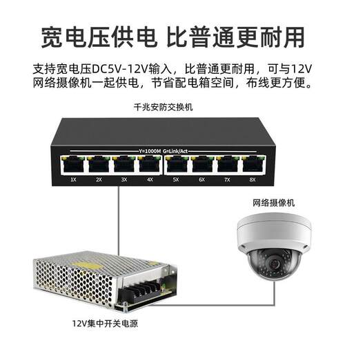 5口8口全千兆百兆以太网络交换机DC12V供电安防监控家用分线/流器
