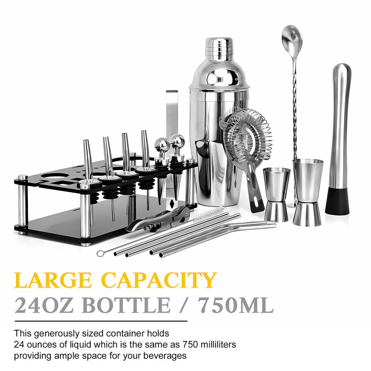 现货不锈钢鸡尾酒调酒器套装酒吧调酒杯雪克壶工具带底座组合