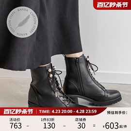 randa春夏cotton系列，粗跟圆头系带设计中筒马丁靴女pc32008