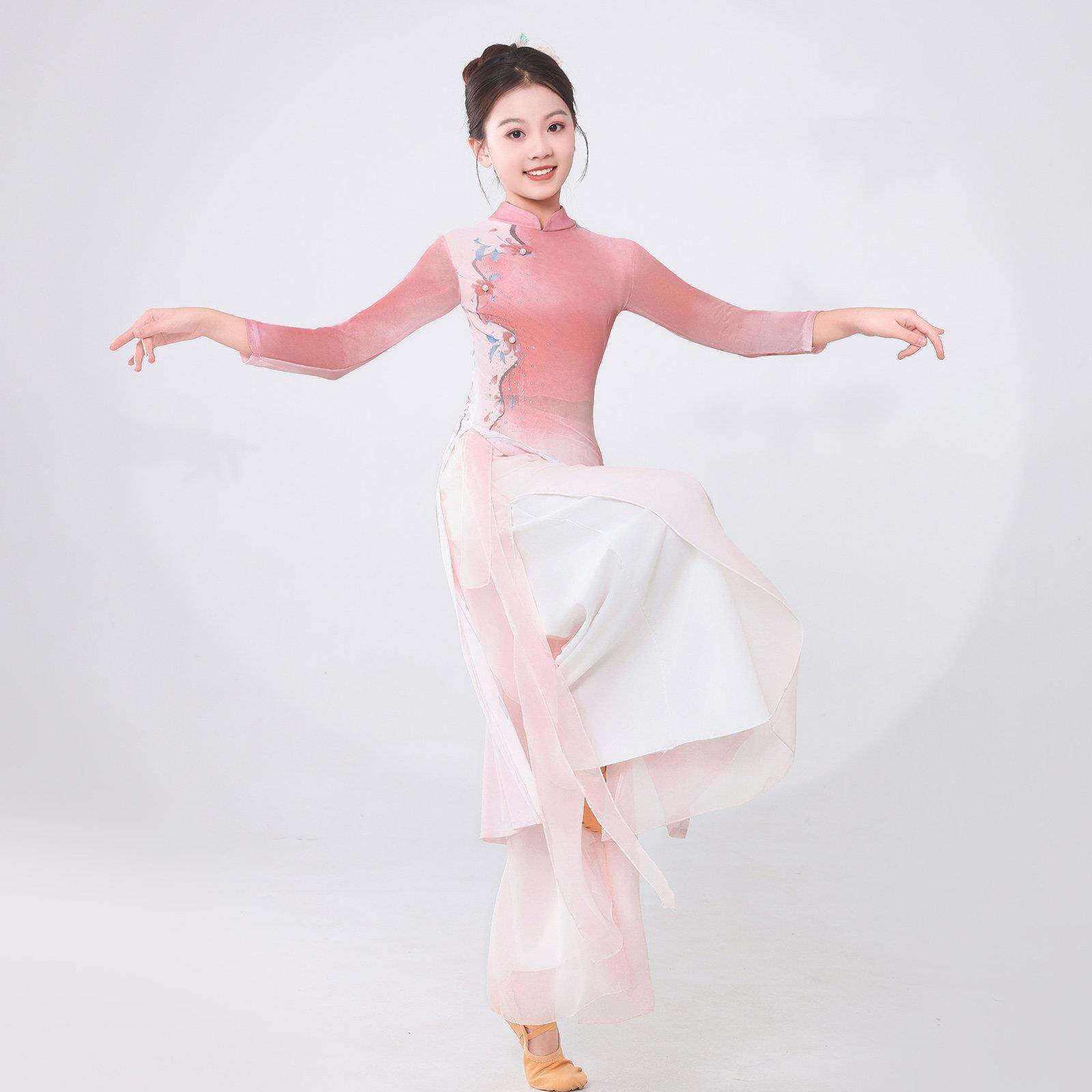 新中式儿童古典舞蹈服长袖立领渐变飘逸身韵纱衣中国舞演出服套装