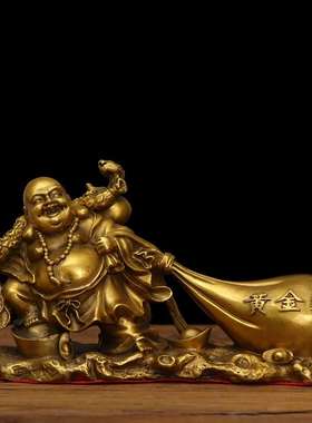 纯铜弥勒佛像大肚笑佛摆件 布袋和尚黄金袋 招财大号公司开业送礼