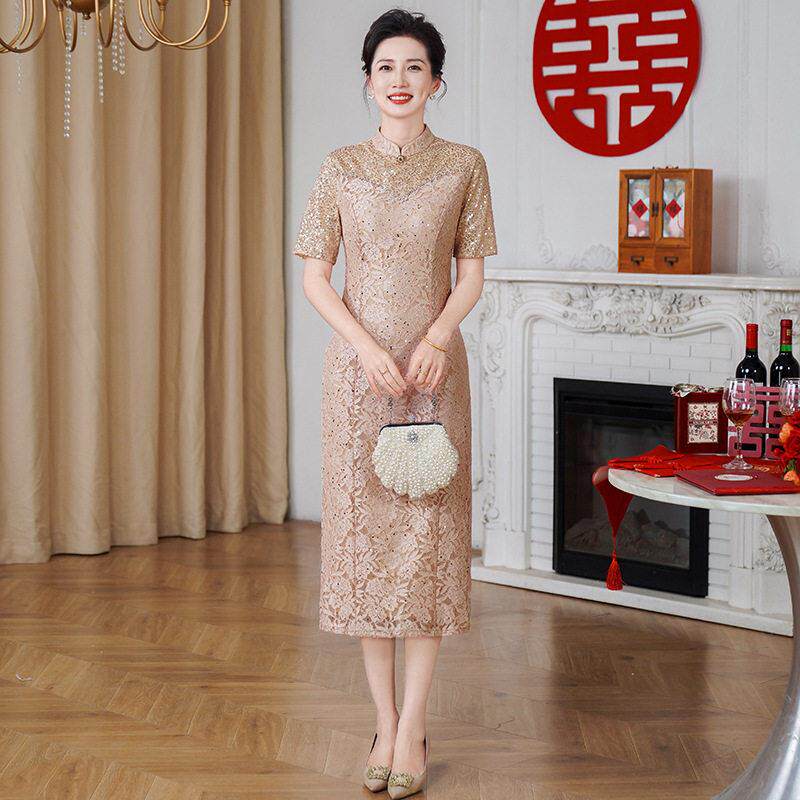 喜婆婆夏装喜妈妈平时可穿婚宴装礼服高档晚礼服改良款旗袍连衣裙