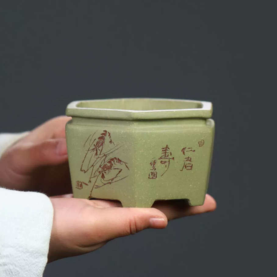 宜兴紫砂花盆精品桌面多肉绿植手工盆微型六方盆菖蒲盆绿植苏兵