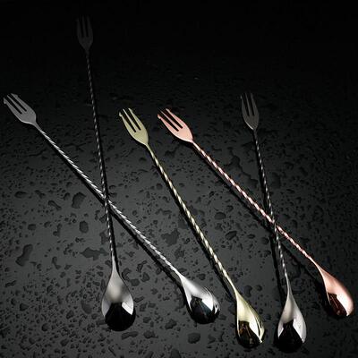 酒吧灵魂 日式细螺纹带叉长吧勺搅拌棒调酒棒吧勺Bar Spoon酒具AI