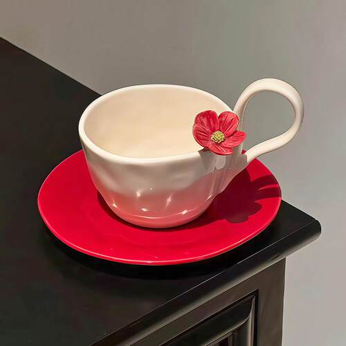 红色花朵咖啡杯陶瓷马克杯女士个人专用高级感轻奢高颜值杯碟套装
