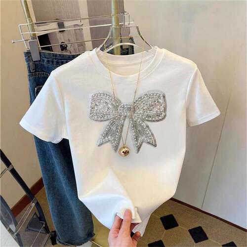 Women's Rhinestone Decor Sequin Bowknot Design Tee