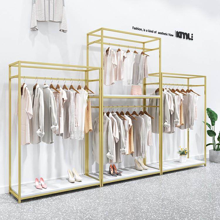 服装店金色中岛展示架橱窗女装衣服架子双层高柜陈列货架侧挂衣架