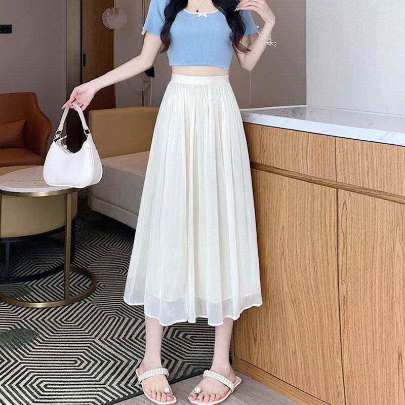 牛奶珠光感纱裙半身裙女夏季小个子高腰高级感百搭轻盈垂感a字裙