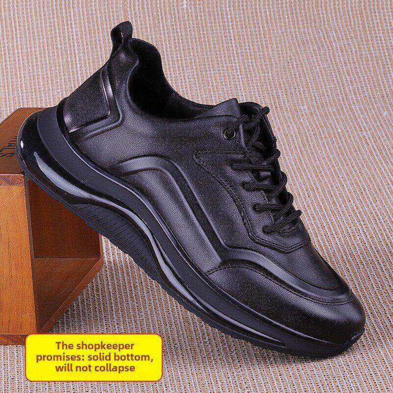高档男鞋秋冬真皮黑色跑步运动鞋男厚底轻便简约时尚男士休闲皮鞋