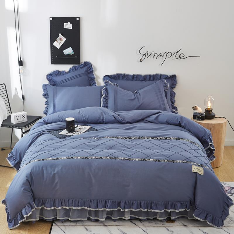 高档棉韩版床裙款棉四件套纯色蕾丝边公主风纯裙式床罩简8约1.m床