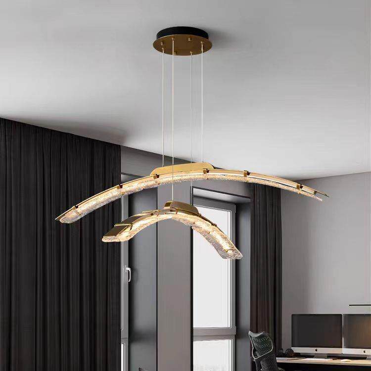 轻奢客厅吊灯简约个性水纹玻璃主灯一字吧台长条餐桌全铜艺术灯具