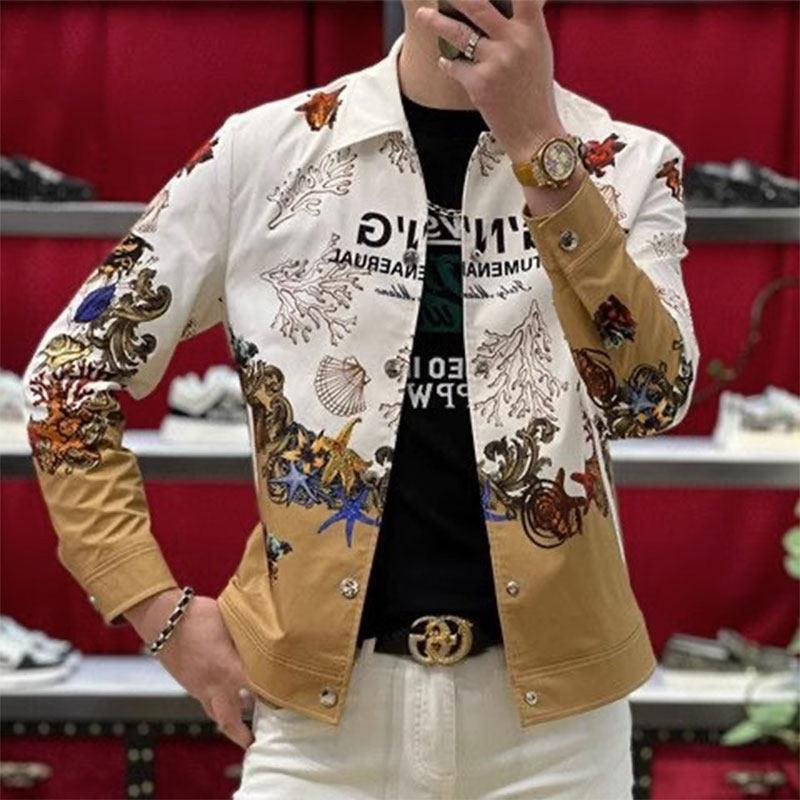 夹克男春秋季时尚潮牌痞帅印花修身短款外套男士休闲撞色运动上衣