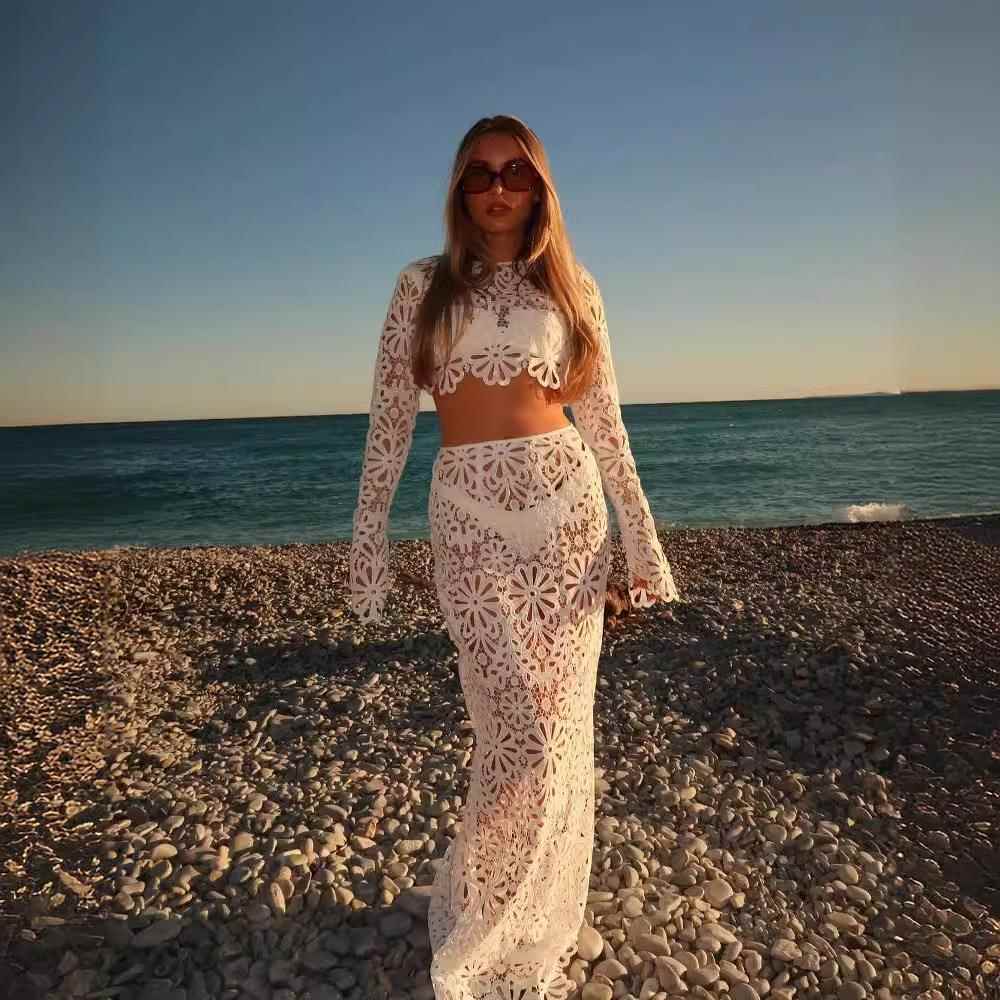 Slim Fit Hollow Lace Top and Skirt Two-Piece Set