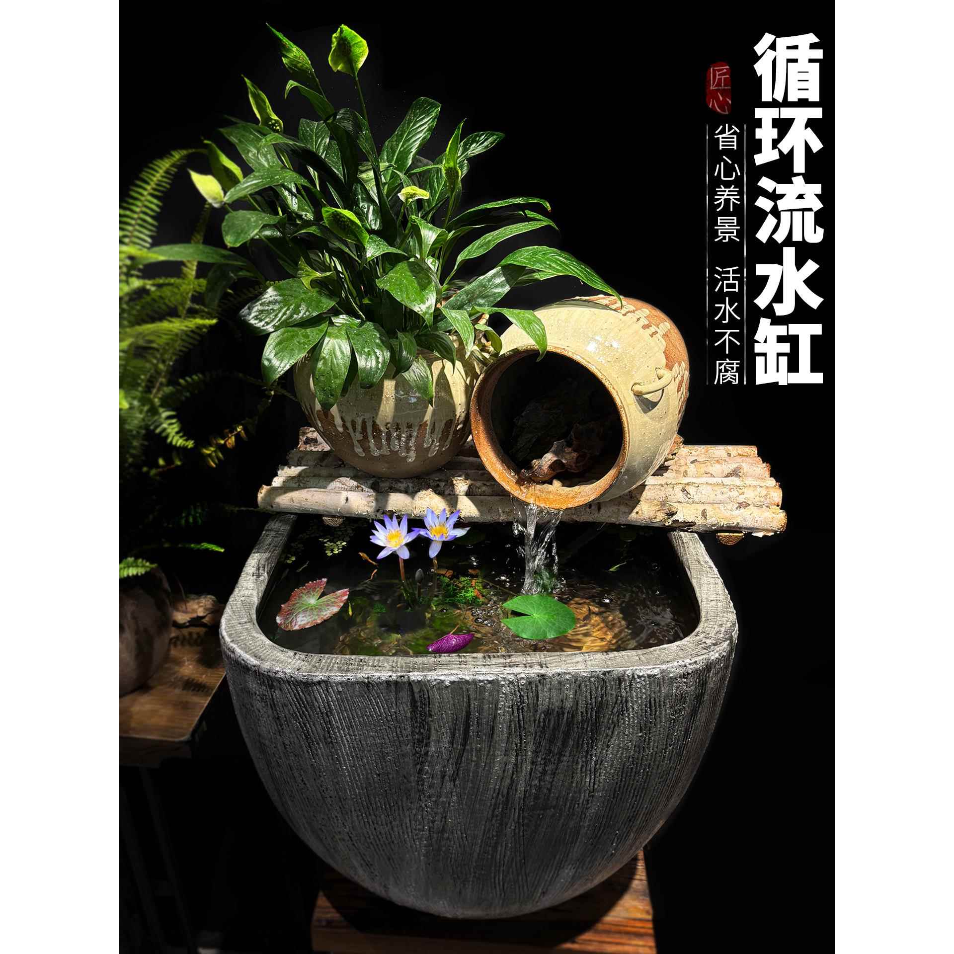 特大型循环水饰品粗陶古法鱼睡莲壶荷花大缸景德镇花盆水培绿色植