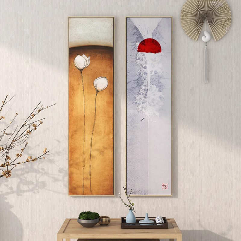 新中式装饰画玄关竖版挂画走廊过道楼梯壁画茶室书房禅意日式荷花图片