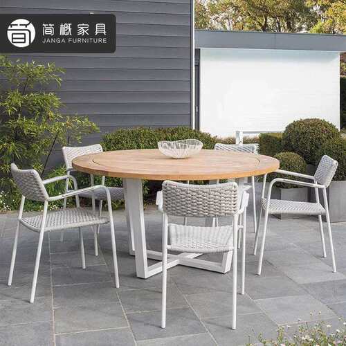 高端户外缅甸柚木餐桌别墅花园椅圆桌组合休闲露天餐厅外摆藤编椅