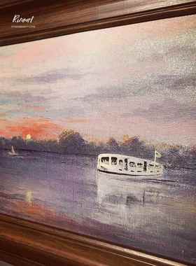 犀牛艺廊美国手绘油画RIverboat《哈德逊河晚霞》含框客厅装饰画