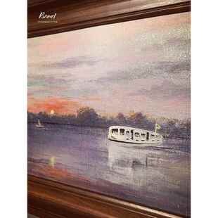 犀牛艺廊美国手绘油画RIverboat《哈德逊河晚霞》含框客厅装饰画