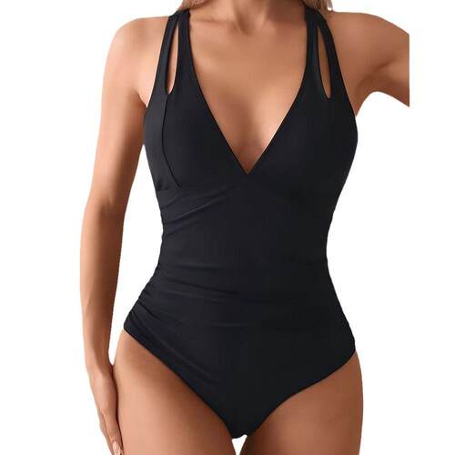 Wrinkled lace up high waisted one-piece bikini swimsuit