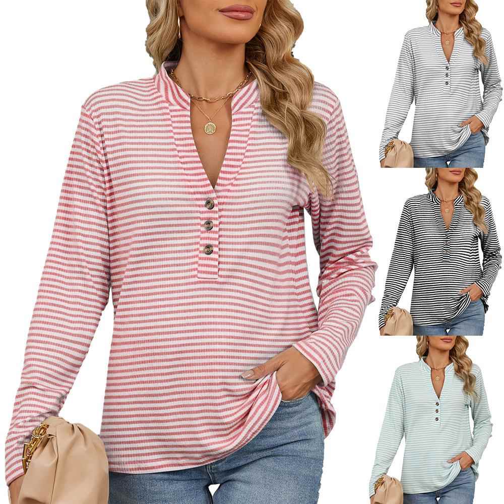 V Neck Button Stripe Long Sleeve Casual T-Shirt Women's Tops