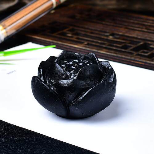 天然黑曜石莲花点香底盘原石雕刻香插香座家居客厅装饰摆设