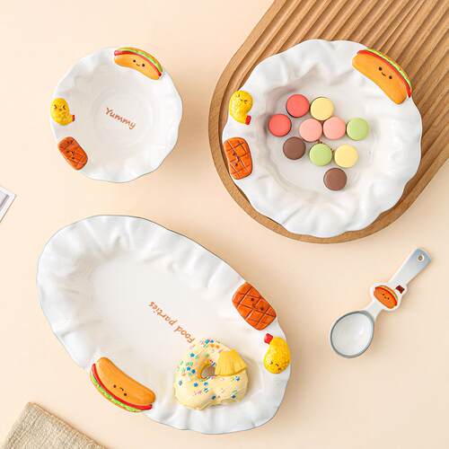 可爱面包渐变灰陶瓷餐具高颜值家用碗甜品饼干圆盘米饭碗盘勺套装