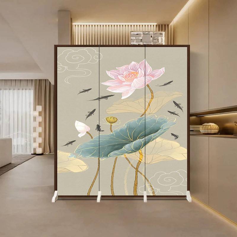 新中式屏风隔断客厅遮挡家用山水荷花办公室简易挡板折叠移动折屏