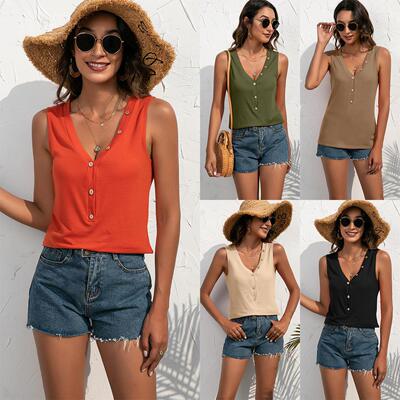 Sleeveless decorative button T-shirt, small vest, top for