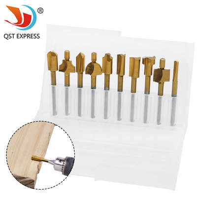 铣槽刀小铣刀 10件套镀钛打磨刀 高速钢木工修边器 雕刻机花样刀