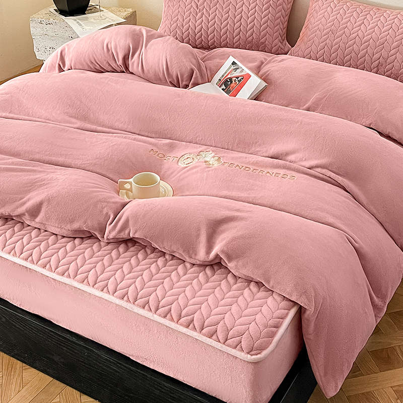 牛奶绒四件套冬季双面加绒加厚夹棉床笠款床上用品法兰珊瑚绒被套