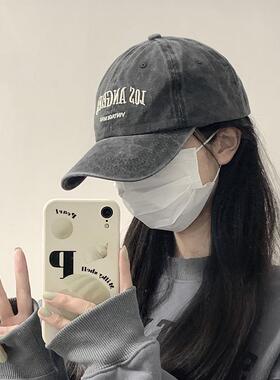 复古灰色棒球帽子女款夏季美式水洗大头围潮百搭显脸小鸭舌帽