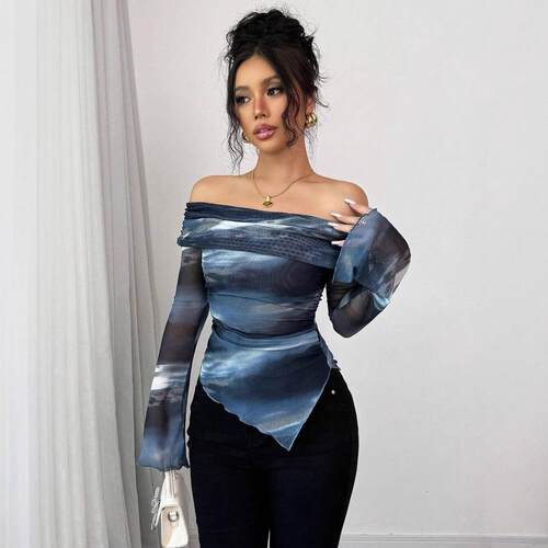 Womens Off-Shoulder Long Sleeve Simple Basic Asymmetrical